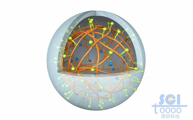 表面带小分子基团的高分子链段缠绕形成的笼状空心球壳外包裹透明囊泡/聚合材料