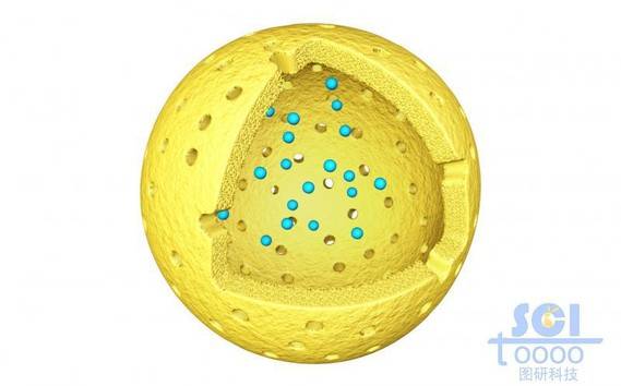 有蓝色颗粒填充的空心介孔球